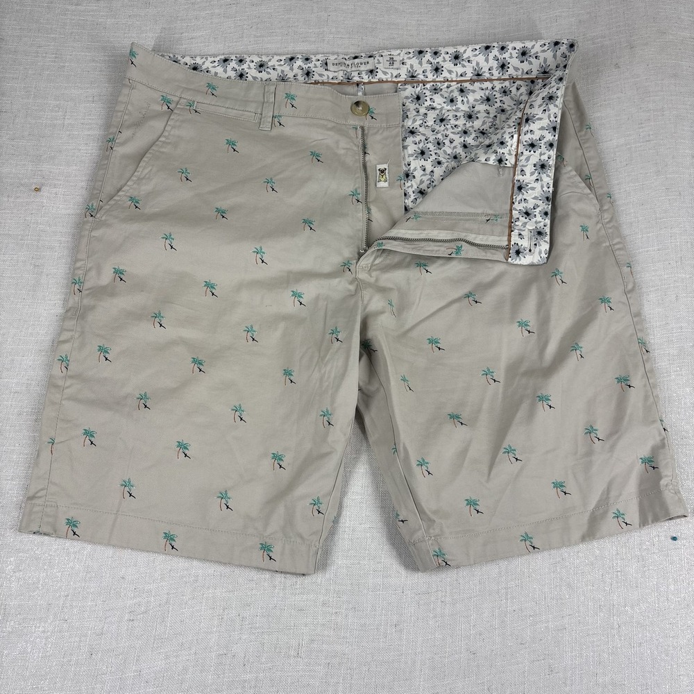 Denim & Flower Shorts Mens 38 Palm Tree Print Flat Front Embroidered Summer Casu